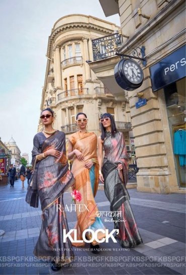RAJTEX PRESENT KLOCK 329001-329006 PRINT POLY VISCOSE HANDLOOM WEAVING FANCY SAREE COLLECTION