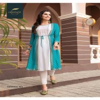 SUMMER JACKET BY HEARITAGE HEAVY RAYON & RAYON SLUB DESIGNER PRINTED FLARED KURTI WITH JACKET PATTERN & HANDWORK KURTI CATALOG WHOLESALER BEST RATE