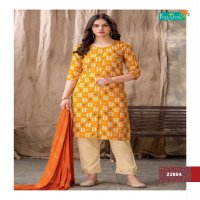 Kushals Bandhej Vol-4 Wholesale Reyon Mill Print Kurtis With Pant And Dupatta