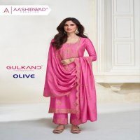 AASHIRWAD CREATION GULKAND OLIVE DESIGNER PREMIUM SILK UNSTITCH COLLECTION 3PCS SUIT