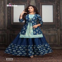 JACKET HOUSE BY BONIE HEAVY RAYON THREE PCS TOP JACKET SKIRT KURTI CATALOG