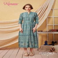 KANSU LAUNCH ELEGANCE RAYON GOLD PRINT LONG KURTI WHOLESALE RATE IN SURAT TEXTILE MARKET