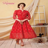 KANSU LAUNCH ELEGANCE RAYON GOLD PRINT LONG KURTI WHOLESALE RATE IN SURAT TEXTILE MARKET