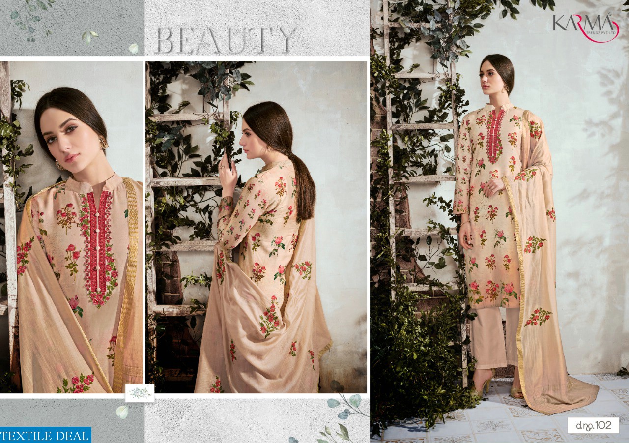 KARMA ZEBAISH VOL 1 COTTON SATIN WITH EMBRODAIRY SUIT TRADER