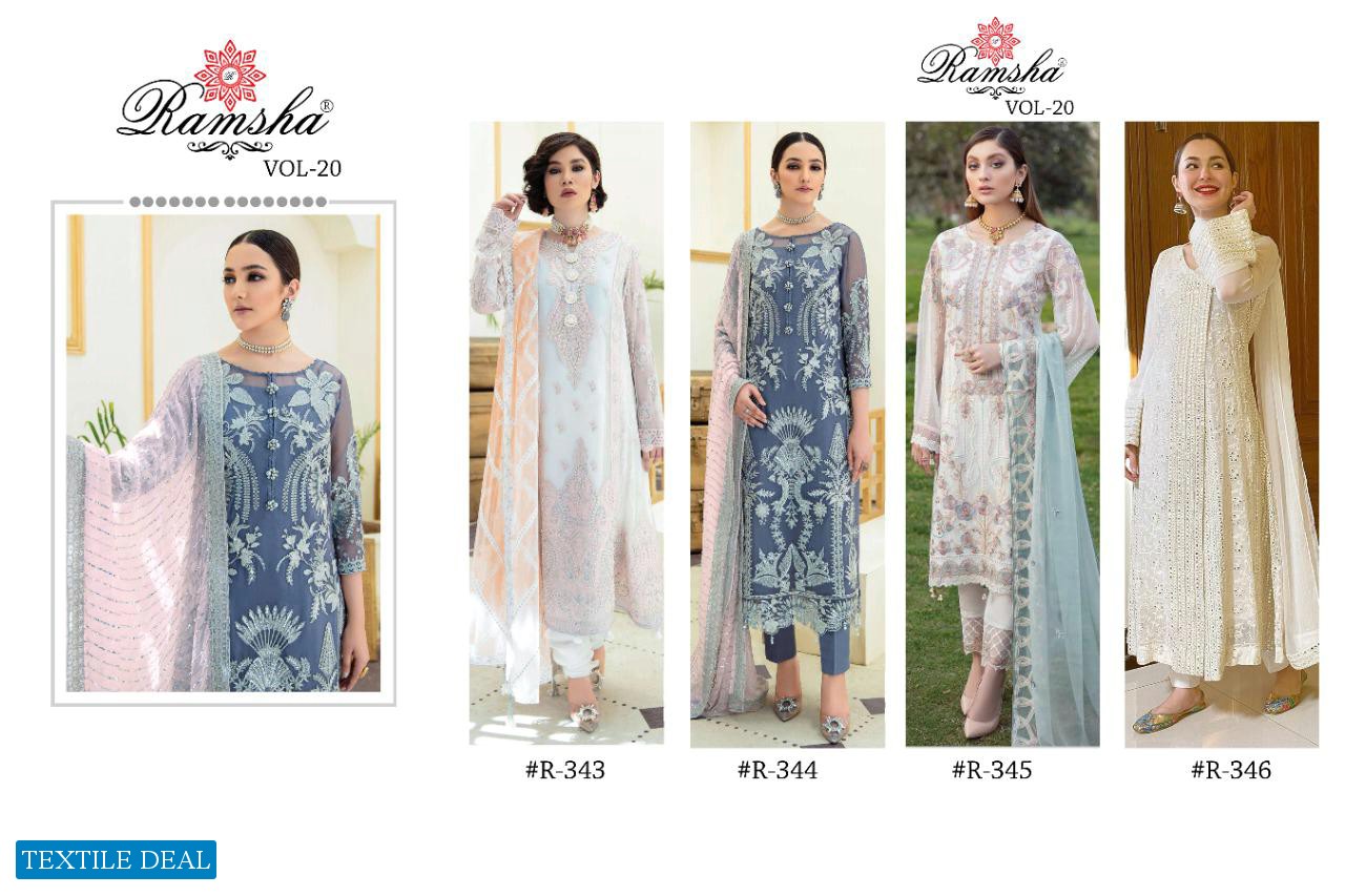 RAMSHA VOL 20 SERIES 343-346 GEORGETTE EMBROIDERY PAKISTANI SUITS