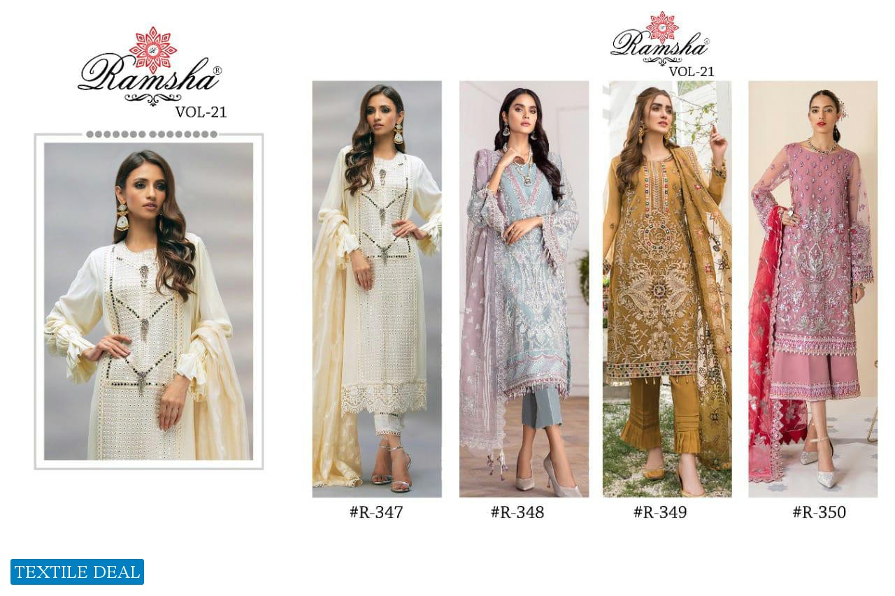 RAMSHA VOL 21 SERIES 347-350 GEORGETTE WORK ELEGANT PAKISTANI SUITS