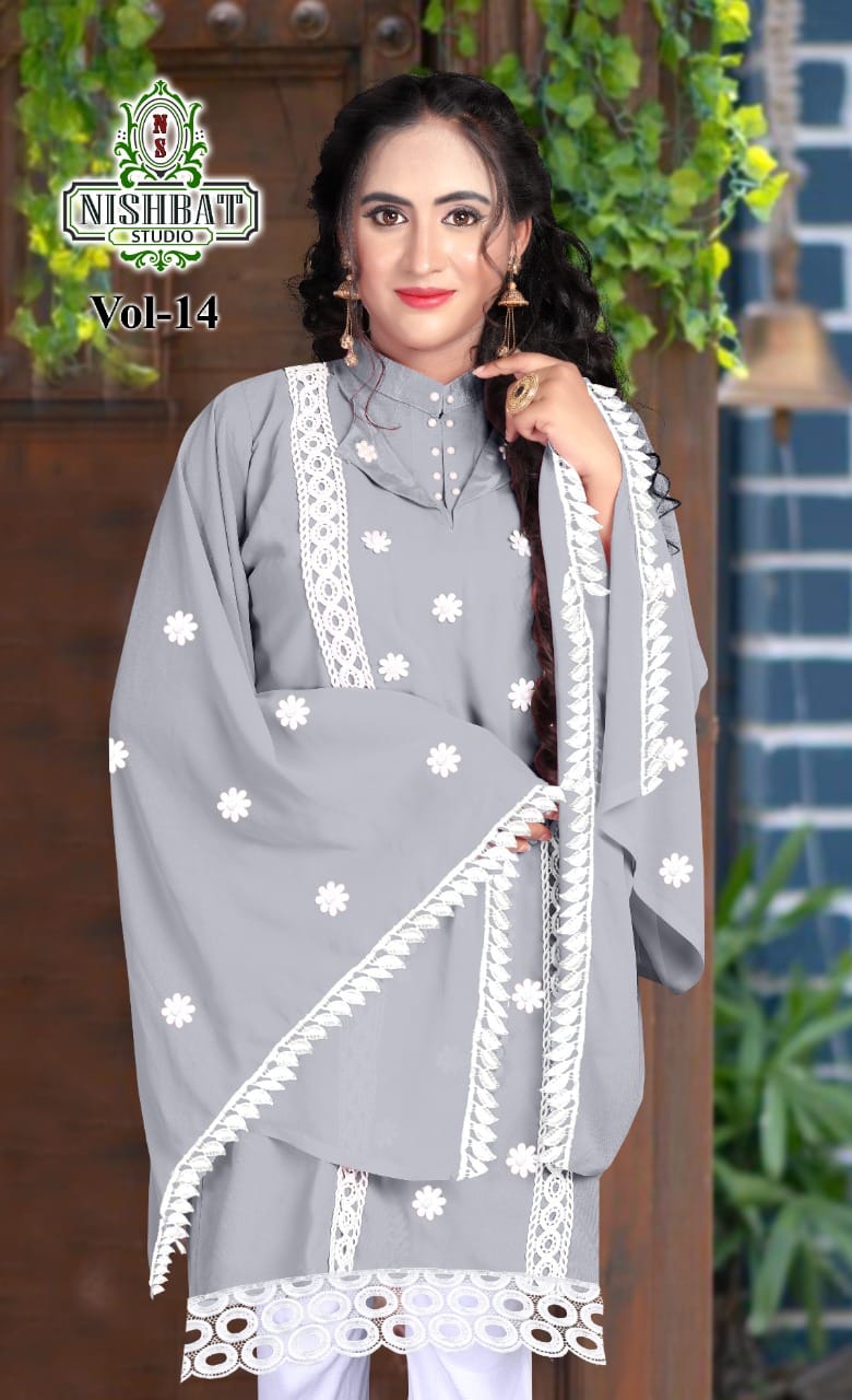 NISBAT VOL 14 DESIGNER GEORGETTE STYLISH KURTI WITH PANTS
