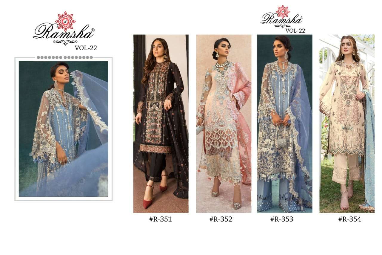 RAMSHA VOL 22 SERIES 351-354 PAKISTANI DESIGNER FANCY SUITS