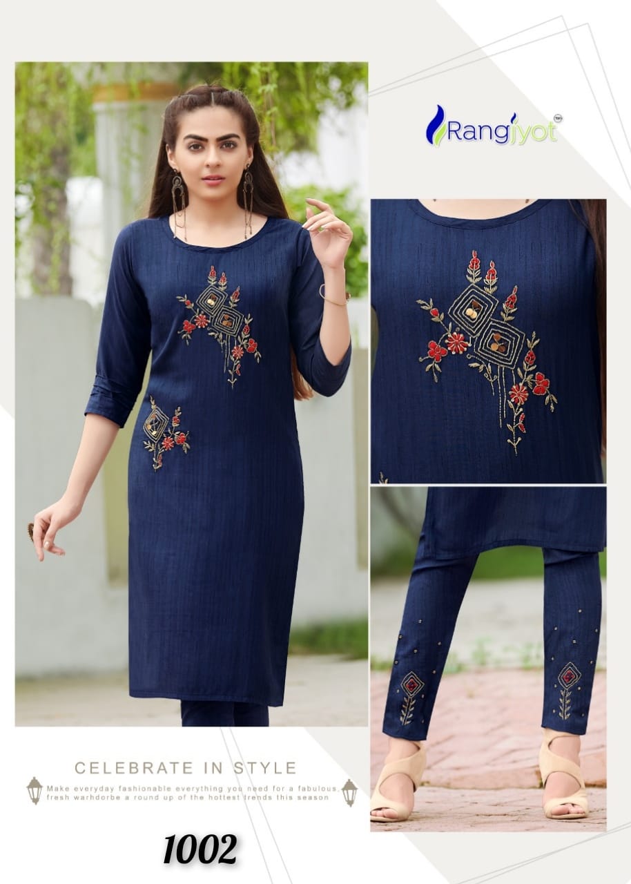 RANGJYOT AAROHI VOL 1 LIZA RAYON WORK DESIGNER KURTI AND  BOTTOM