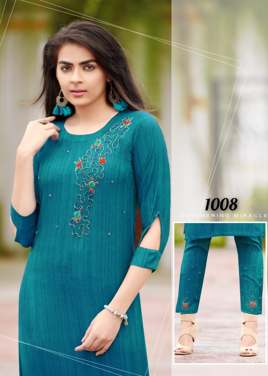 RANGJYOT AAROHI VOL 1 LIZA RAYON WORK DESIGNER KURTI AND  BOTTOM