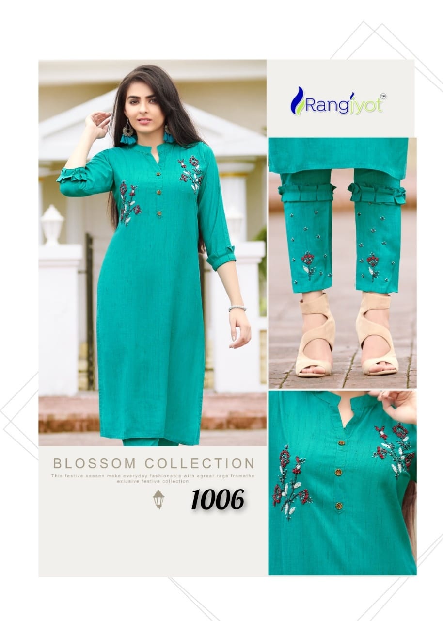 RANGJYOT AAROHI VOL 1 LIZA RAYON WORK DESIGNER KURTI AND  BOTTOM