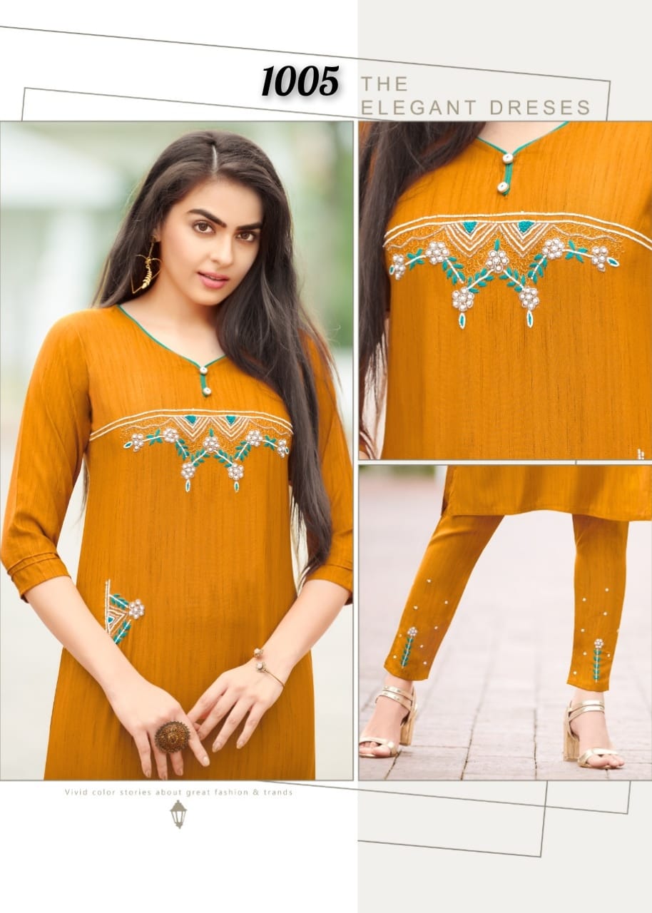 RANGJYOT AAROHI VOL 1 LIZA RAYON WORK DESIGNER KURTI AND  BOTTOM