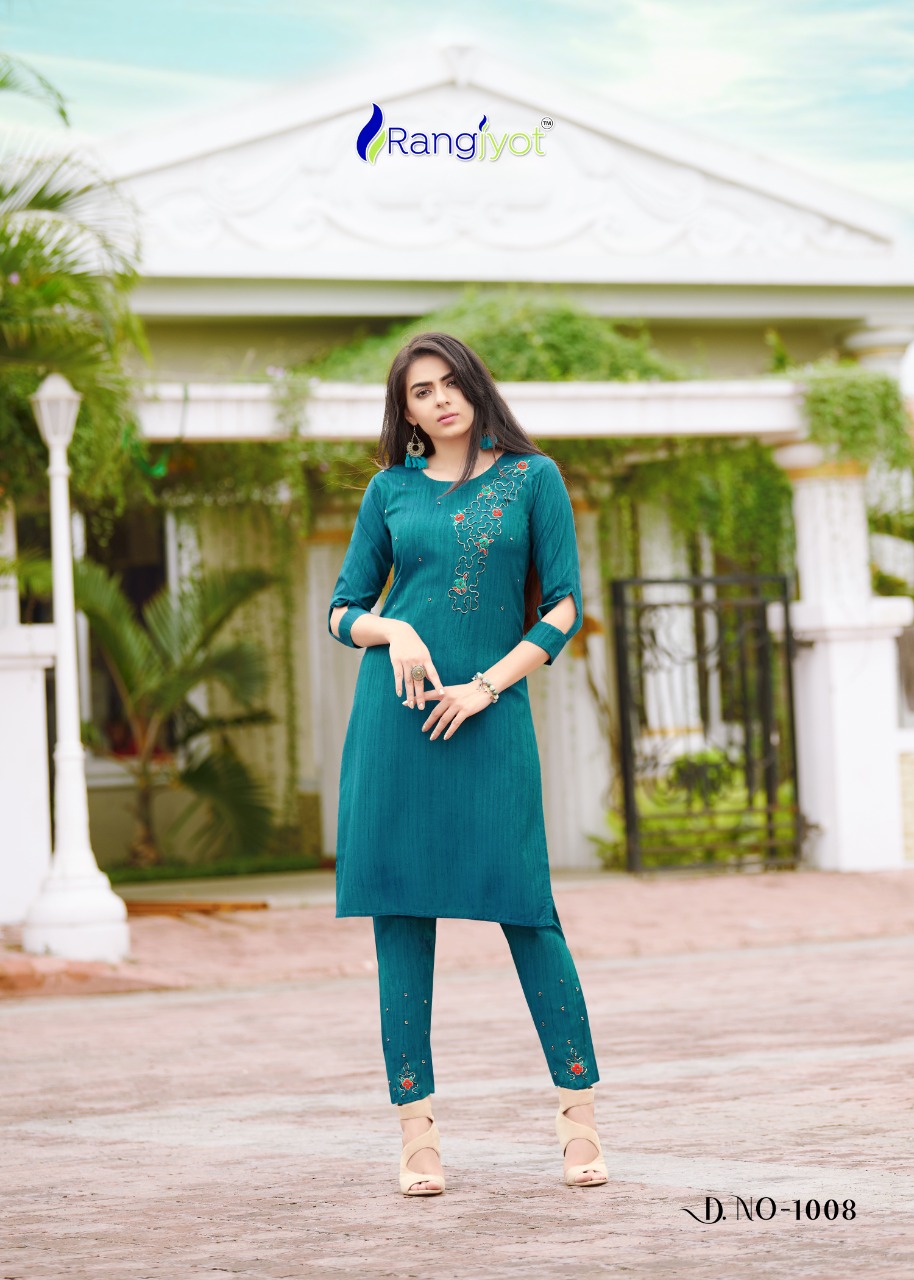 RANGJYOT AAROHI VOL 1 LIZA RAYON WORK DESIGNER KURTI AND  BOTTOM