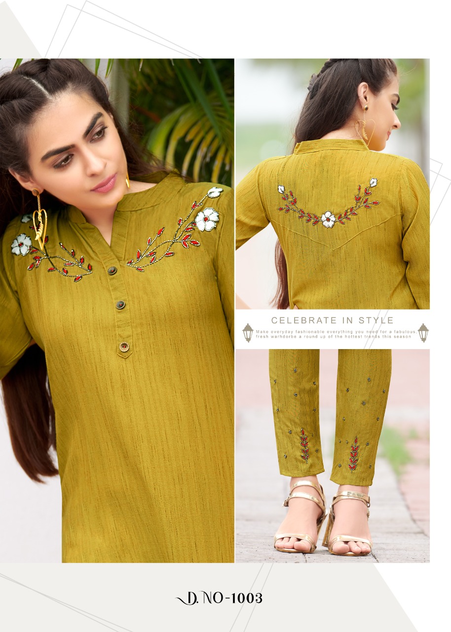 RANGJYOT AAROHI VOL 1 LIZA RAYON WORK DESIGNER KURTI AND  BOTTOM