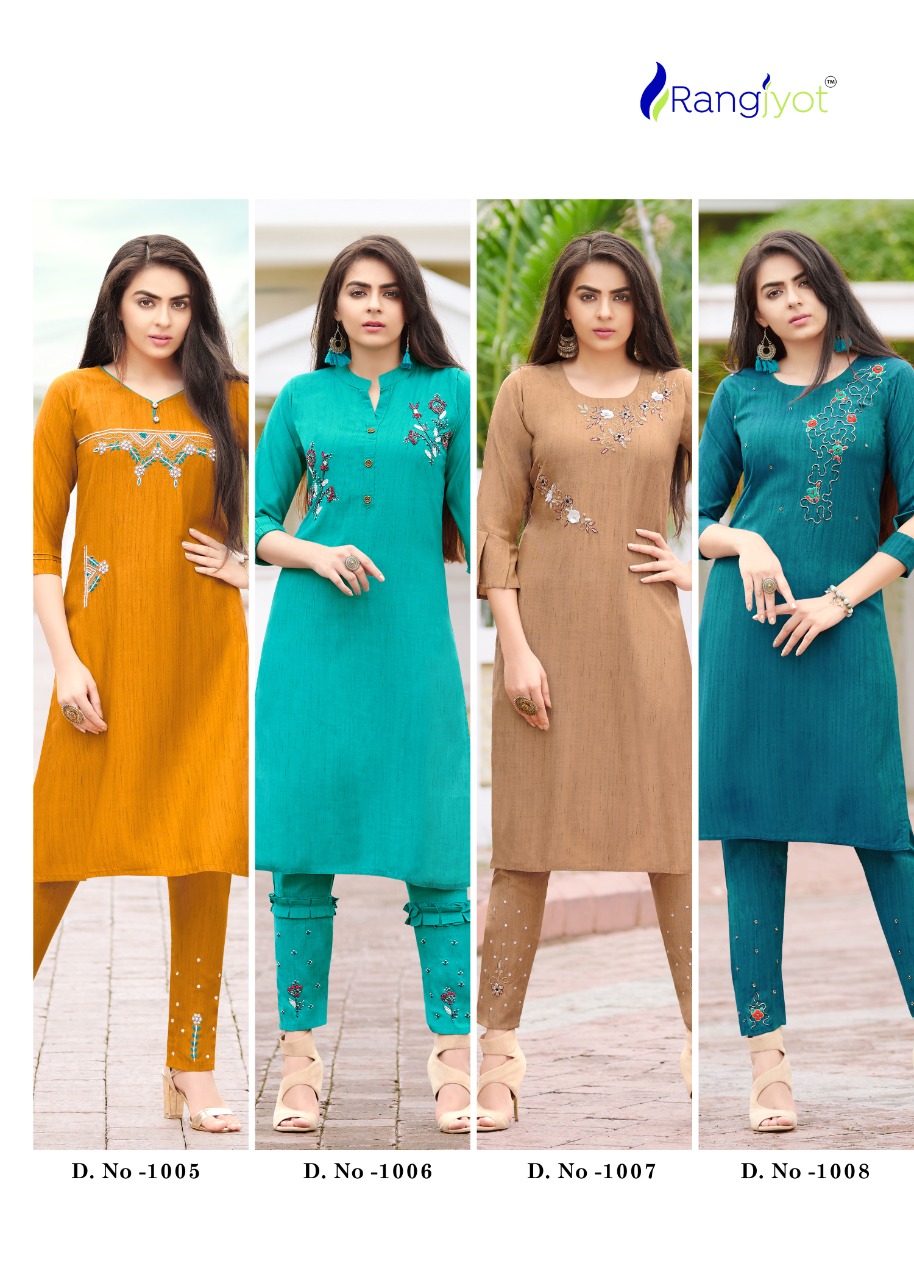 RANGJYOT AAROHI VOL 1 LIZA RAYON WORK DESIGNER KURTI AND  BOTTOM