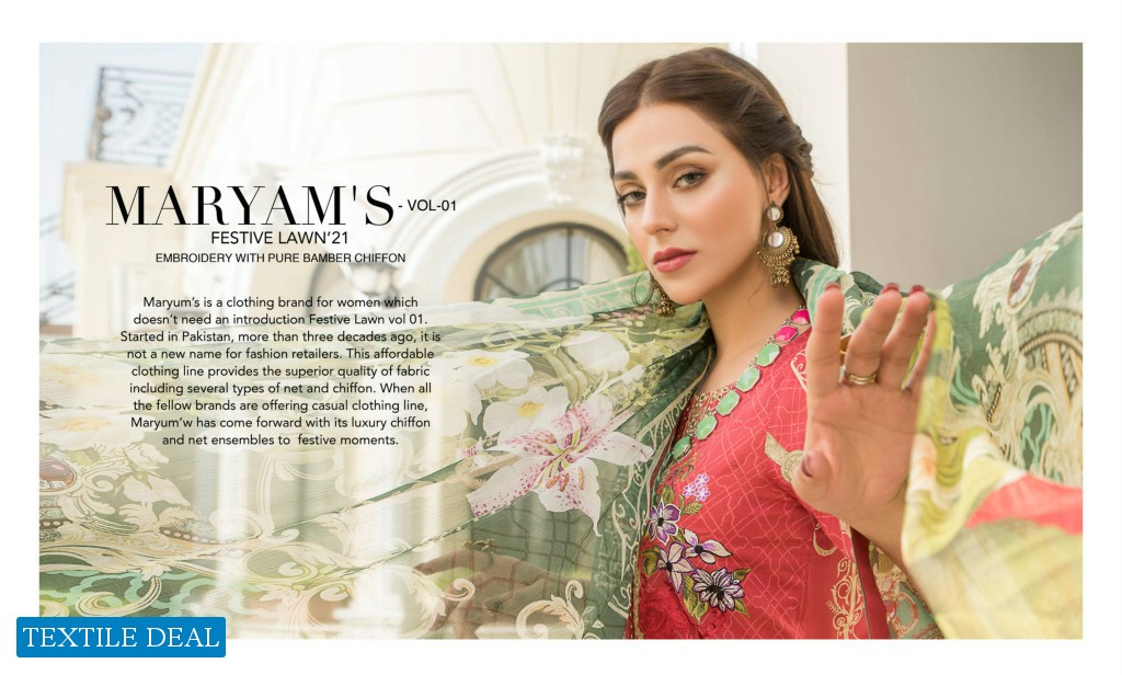 Maryam's Vol-1 Festive Lawn 2021 Wholesale Embroidered Pakistani Dress