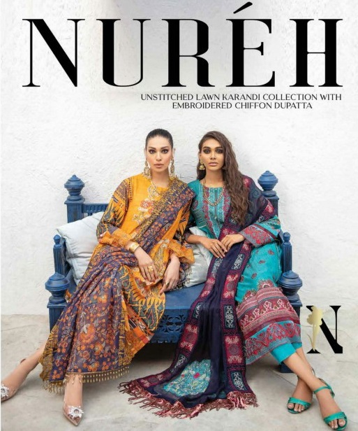 Nureh Unstitched Lawn Karandi Collection With Embroidered Chiffon Dupatta