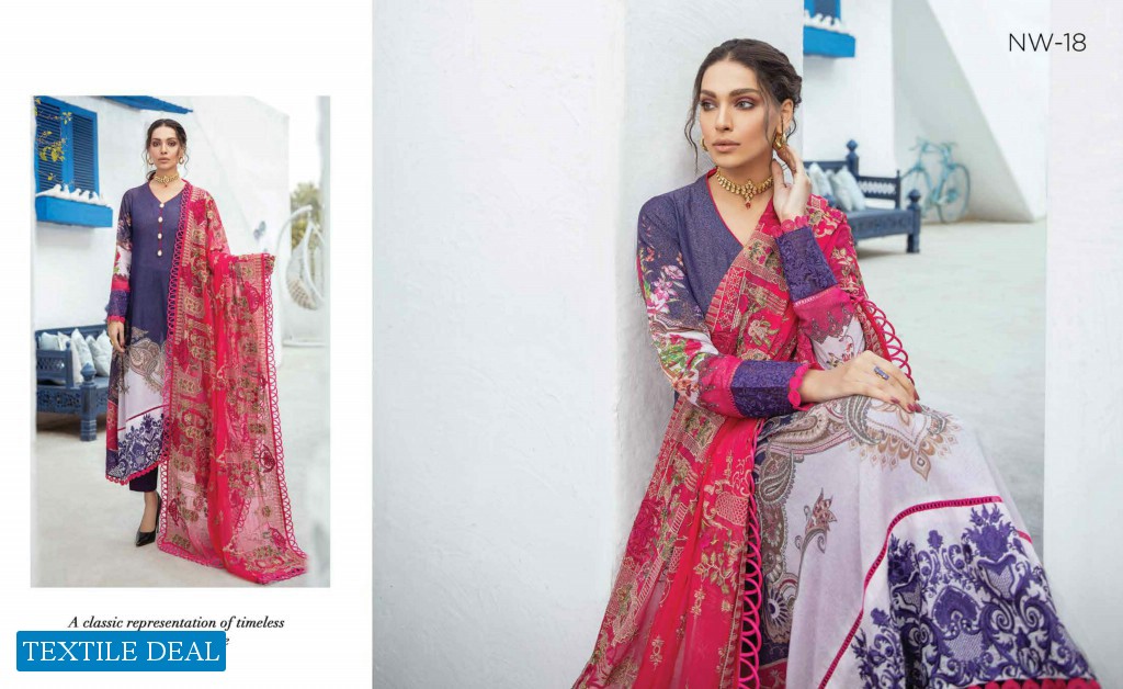 Nureh Unstitched Lawn Karandi Collection With Embroidered Chiffon Dupatta