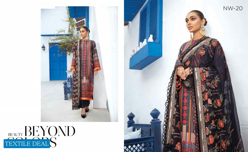 Nureh Unstitched Lawn Karandi Collection With Embroidered Chiffon Dupatta