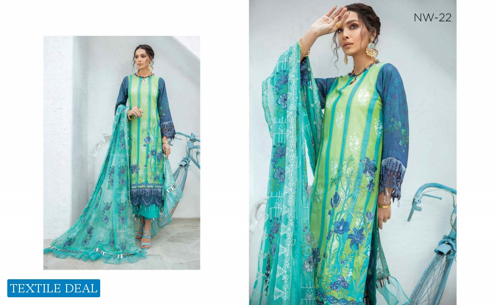 Nureh Unstitched Lawn Karandi Collection With Embroidered Chiffon Dupatta