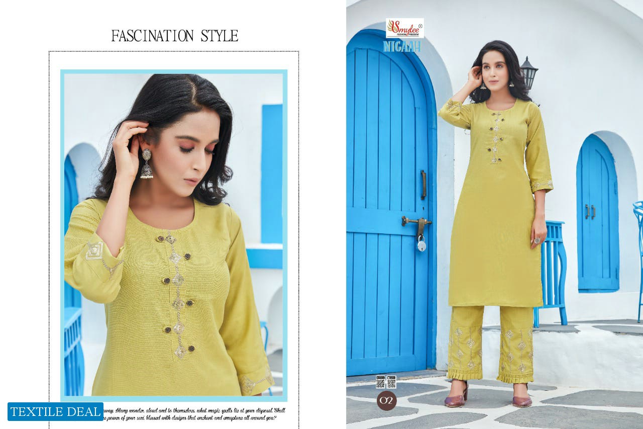 SMYLEE PRESENT NIGAAH SLUB EMBROIDERY KURTI WITH PANT COLLECTION