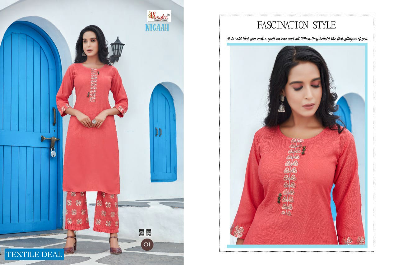 SMYLEE PRESENT NIGAAH SLUB EMBROIDERY KURTI WITH PANT COLLECTION