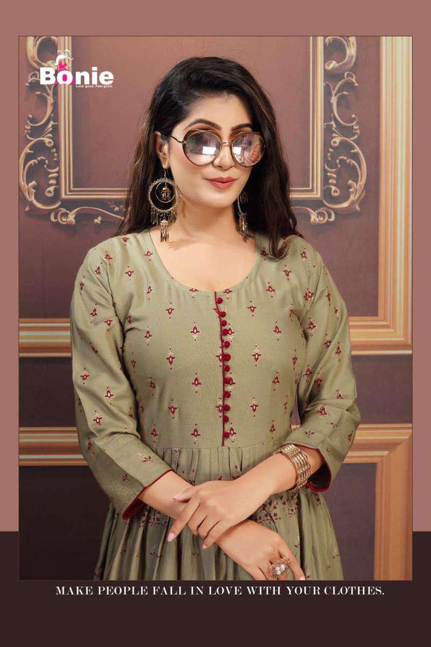 AANCHAL BY BONIE HEAVY RAYON FOIL PRINT LONG KURTI CATLOG COLLECTION WHOLESALER