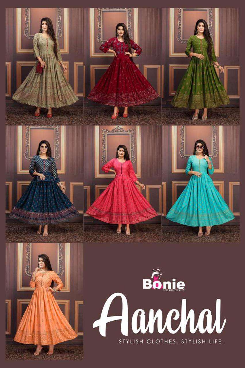 AANCHAL BY BONIE HEAVY RAYON FOIL PRINT LONG KURTI CATLOG COLLECTION WHOLESALER