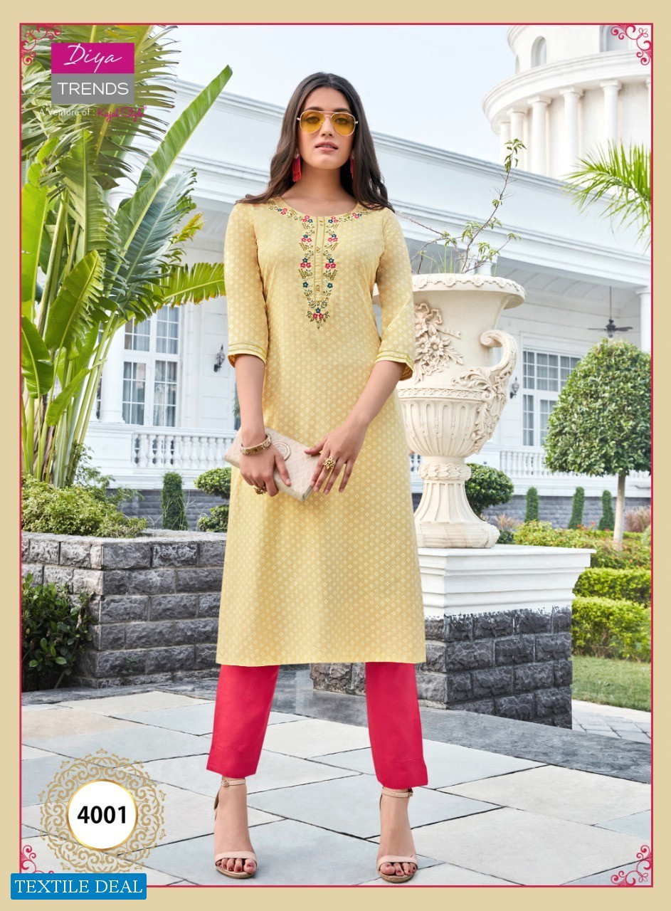 Diya Trends Victoria Vol-4 Wholesale Reyon Work Kurtis