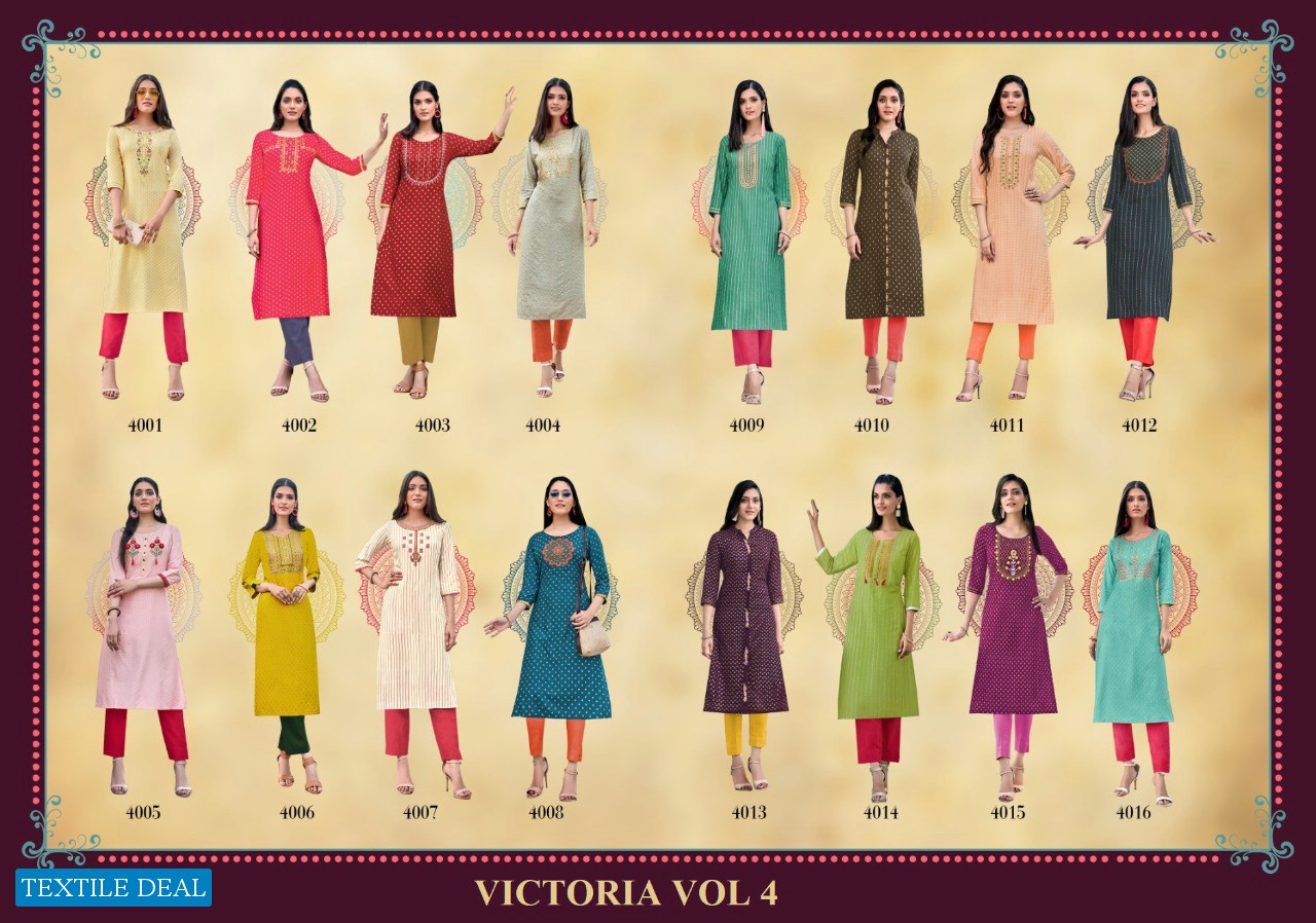 Diya Trends Victoria Vol-4 Wholesale Reyon Work Kurtis
