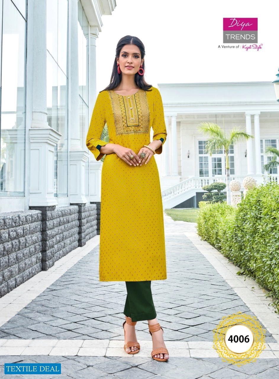 Diya Trends Victoria Vol-4 Wholesale Reyon Work Kurtis