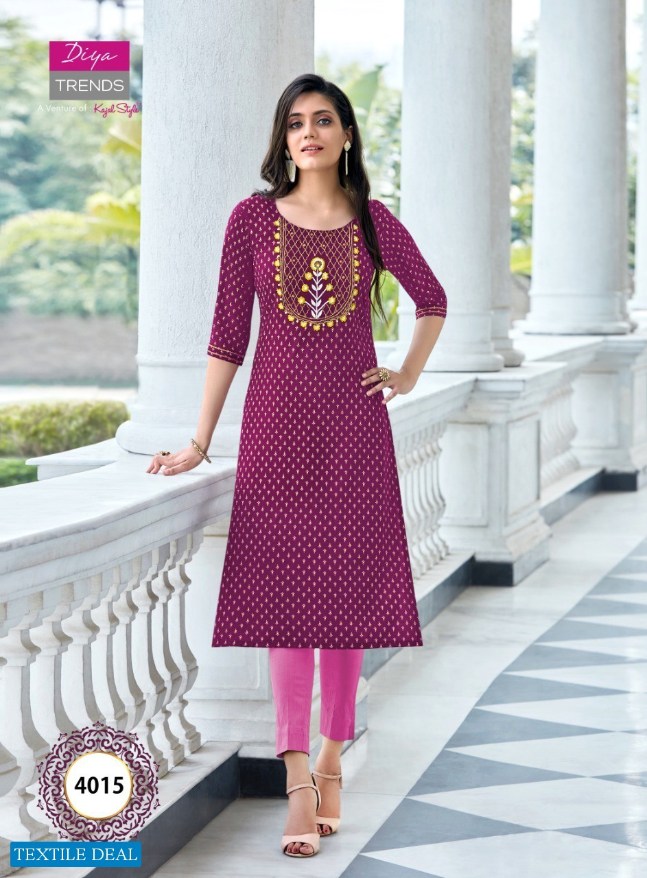 Diya Trends Victoria Vol-4 Wholesale Reyon Work Kurtis