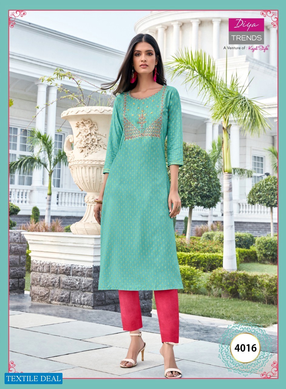 Diya Trends Victoria Vol-4 Wholesale Reyon Work Kurtis