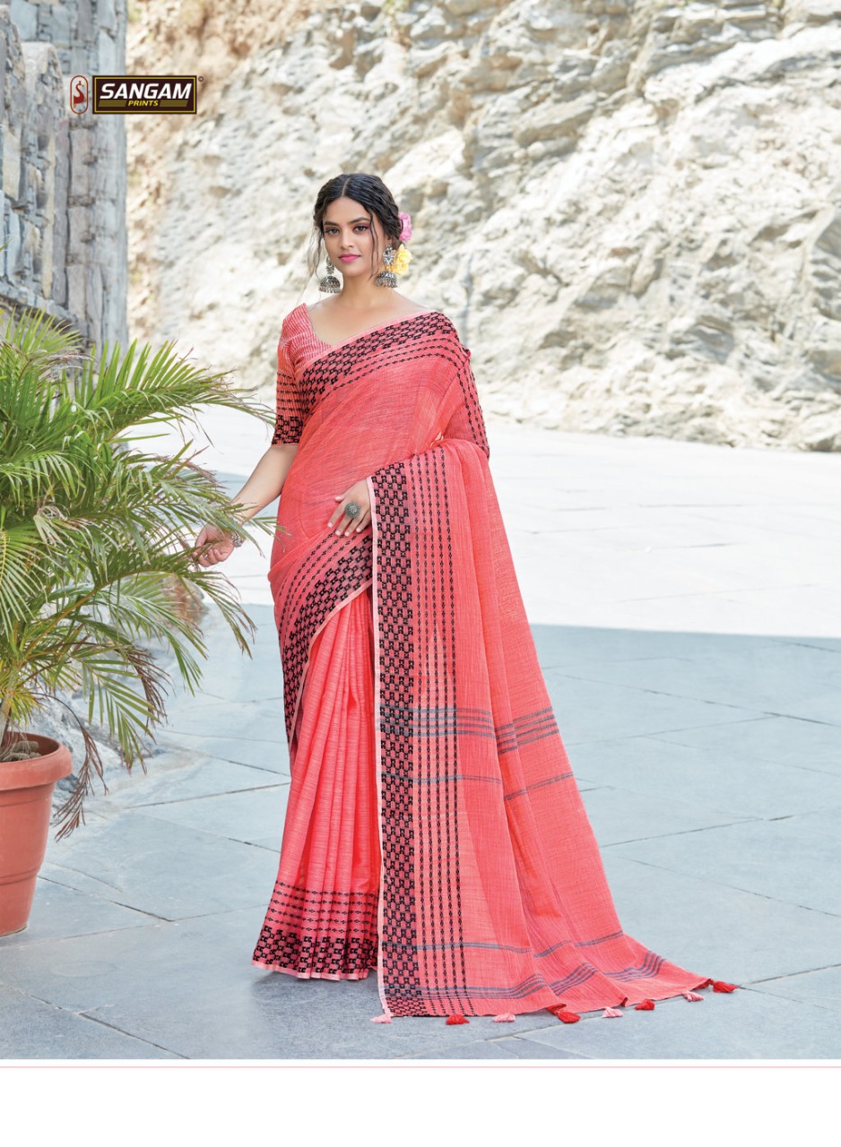 SANGAM RANGEEN LINEN STYLISH DESIGNER INDIAN WOMENS SAREES COLLECTION