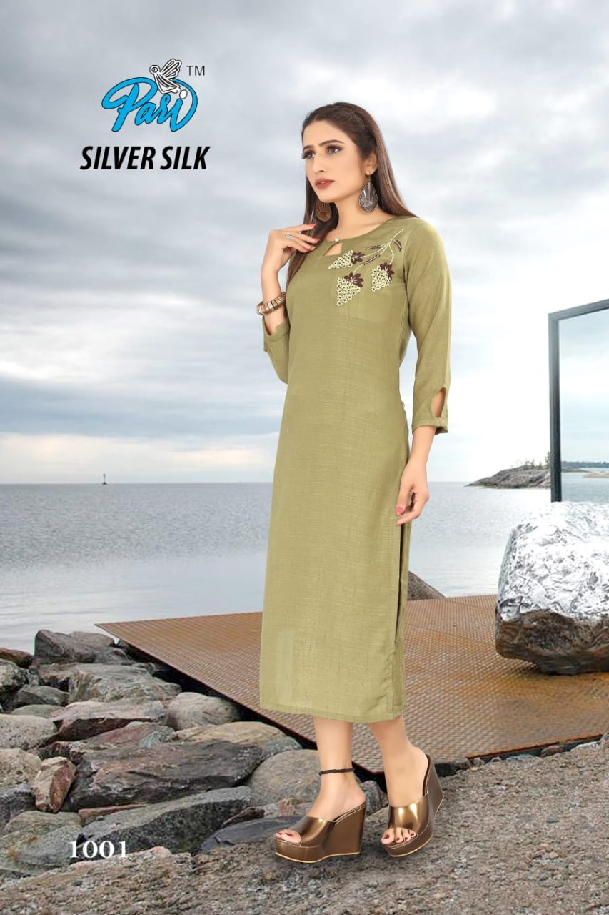 Pari Silver Silk Wholesale Mock Work Long Kurtis