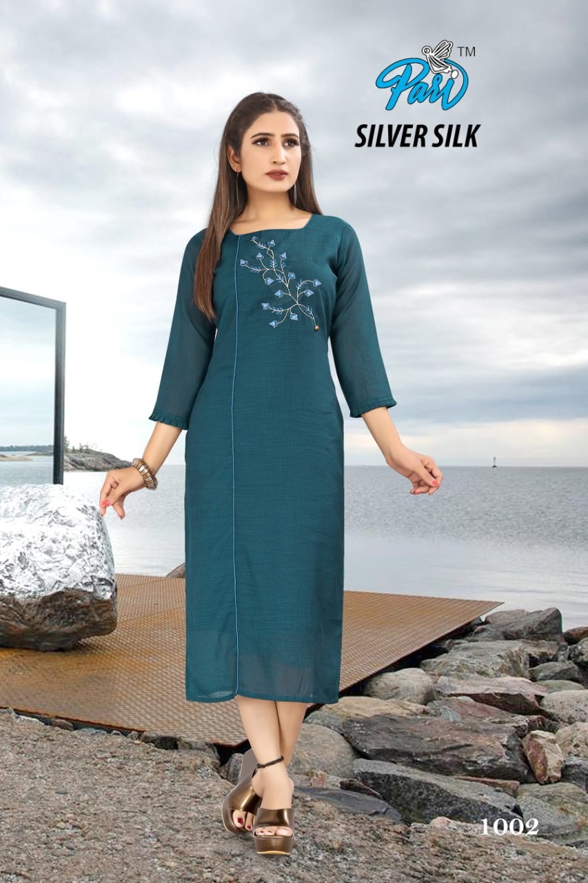 Pari Silver Silk Wholesale Mock Work Long Kurtis