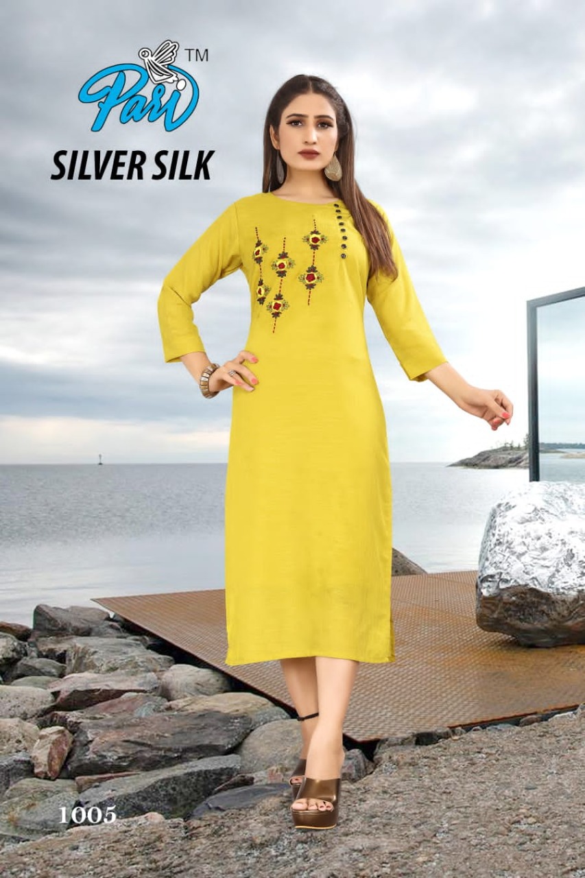 Pari Silver Silk Wholesale Mock Work Long Kurtis