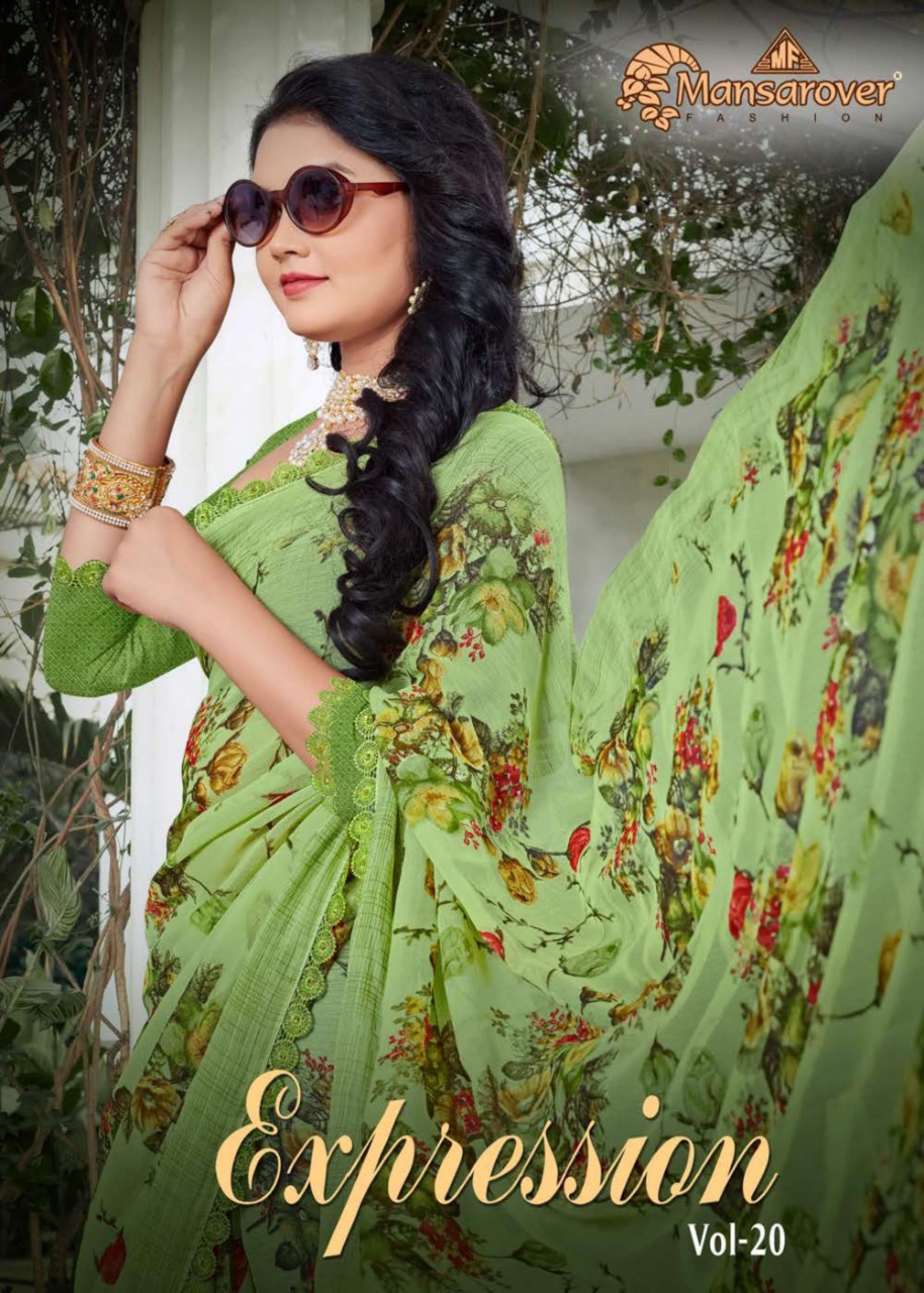 EXPRESSION VOL 20 BY MANSAROVER FASHION PURE CHIFFON DIGITAL PRINT WITH BORDER SAREE