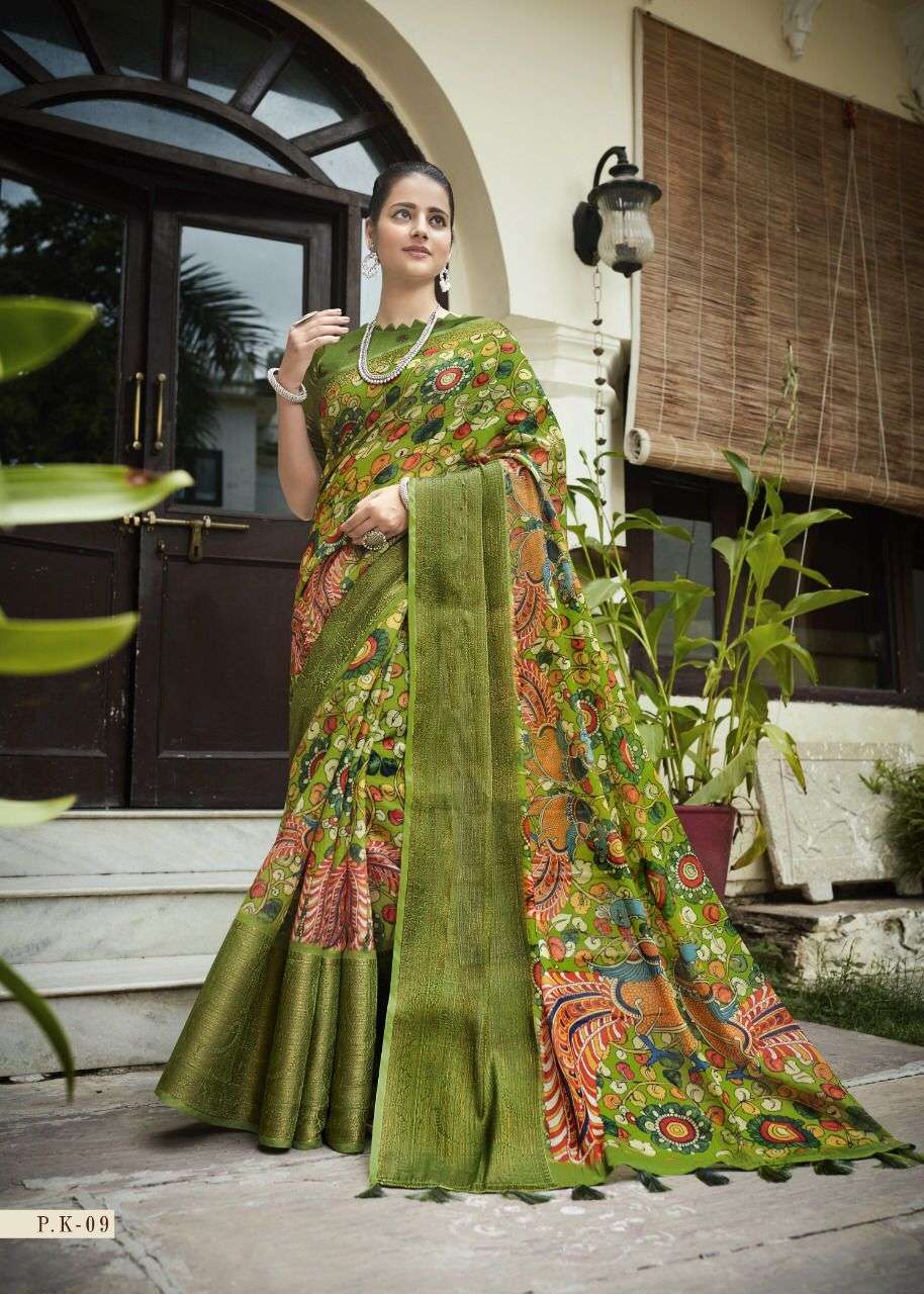 SHREYANS FASHION PAN KALMKARI SILK LATEST CLASSY LOOK LINEN SAREE WHOLESALER