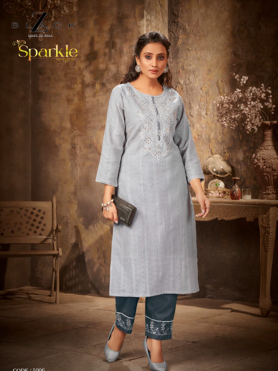 Z BLACK PRESENTS SPARKLE COTTON WEAVING COTTON WITH  WORK DESIGNE KURTIS WITH PANTS COLLECTION