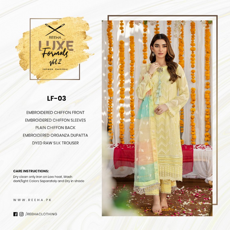 Reeha luxe formal 3pc chiffon collection Pakistani Dress