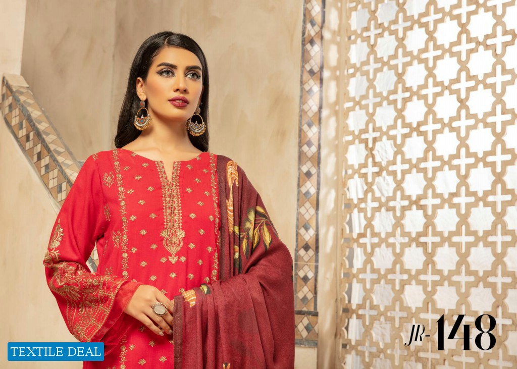 Johra Elsa Embroidered Leather Peach With Digital Printed Wool Shawl Pakistani Dress