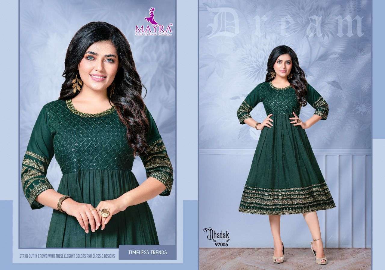 DHADAK BY MAYRA HEAVY RAYON WITH WORK KURTI CATALOG WHOELSALER BEST RATE