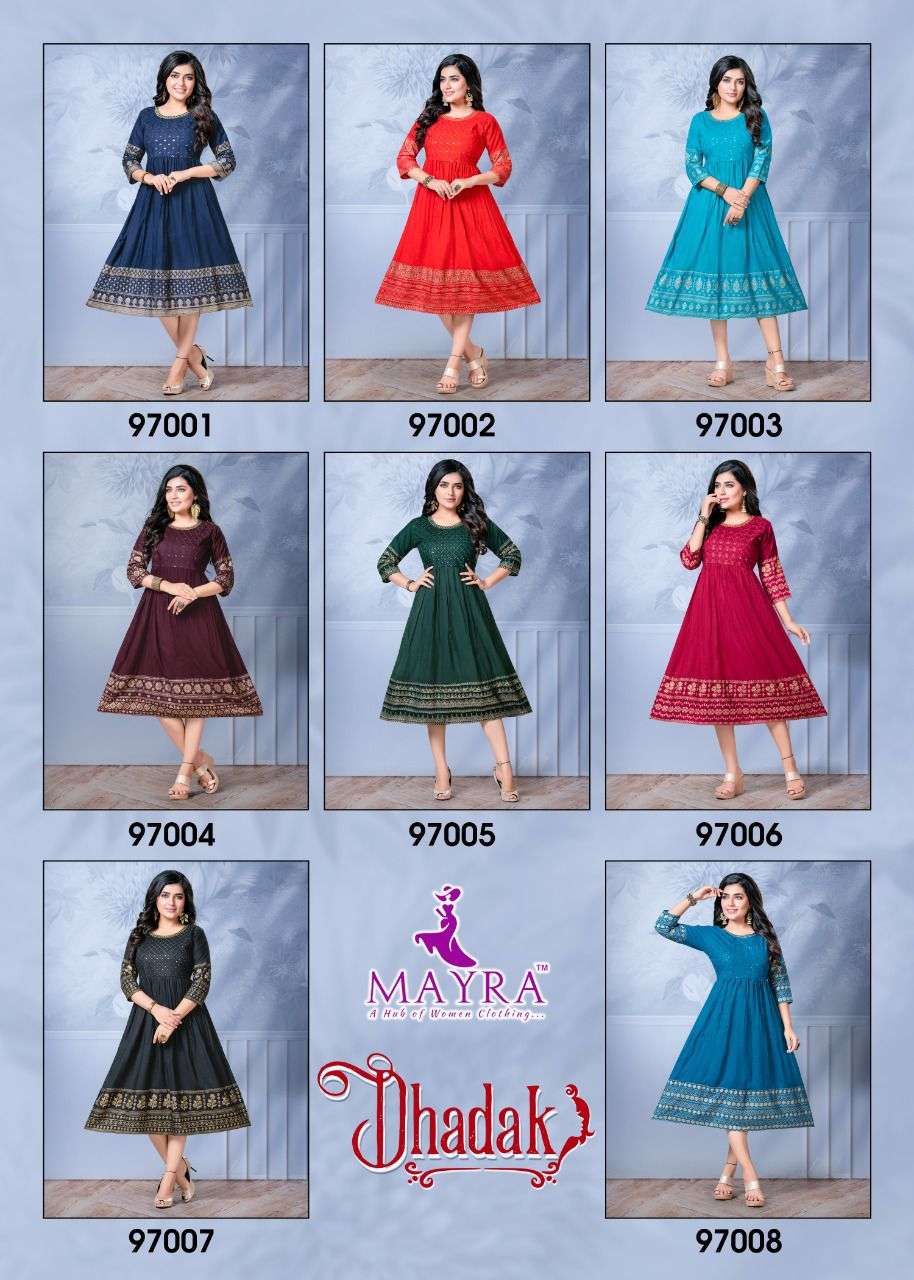 DHADAK BY MAYRA HEAVY RAYON WITH WORK KURTI CATALOG WHOELSALER BEST RATE