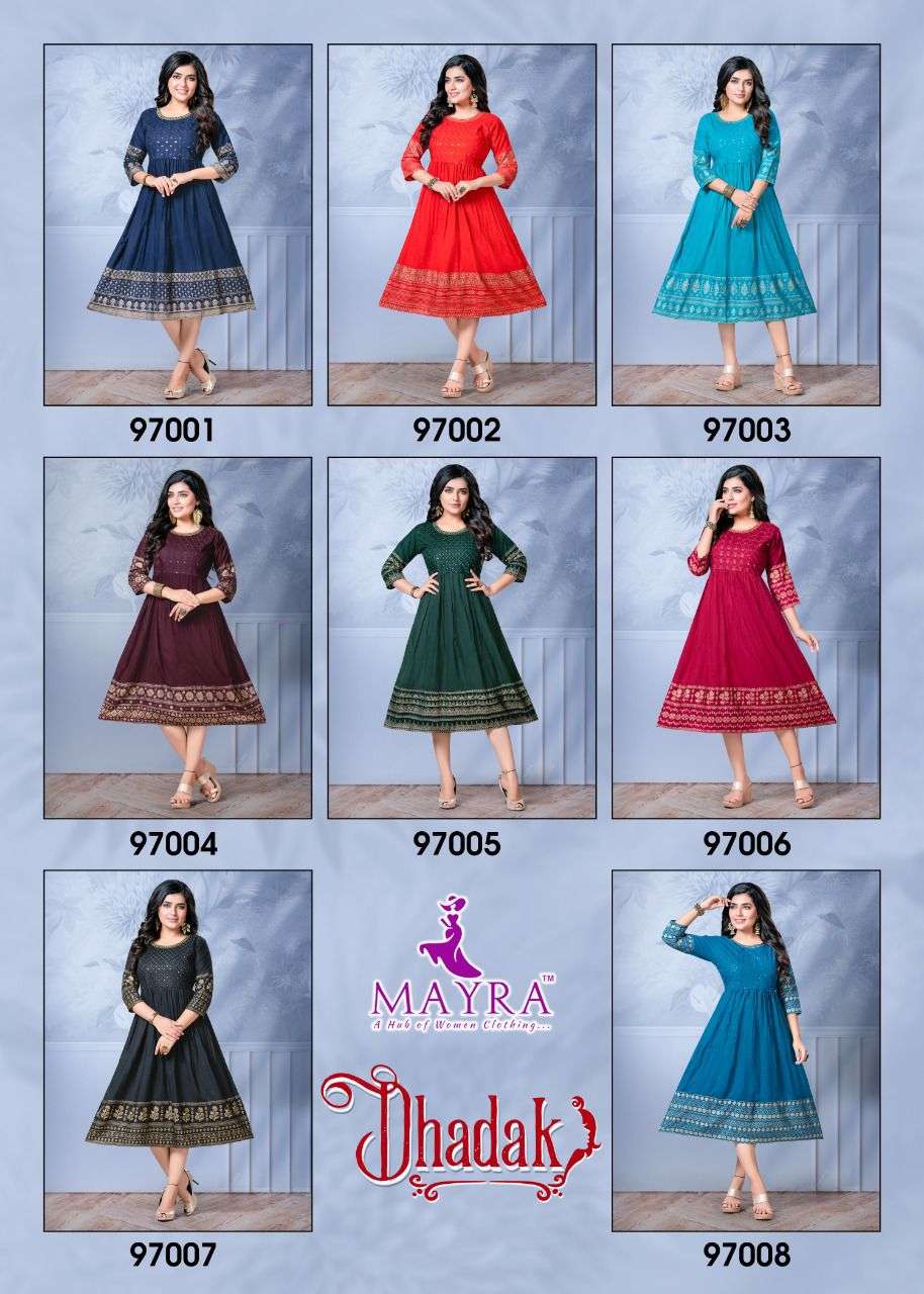 DHADAK BY MAYRA HEAVY RAYON WITH WORK KURTI CATALOG WHOELSALER BEST RATE