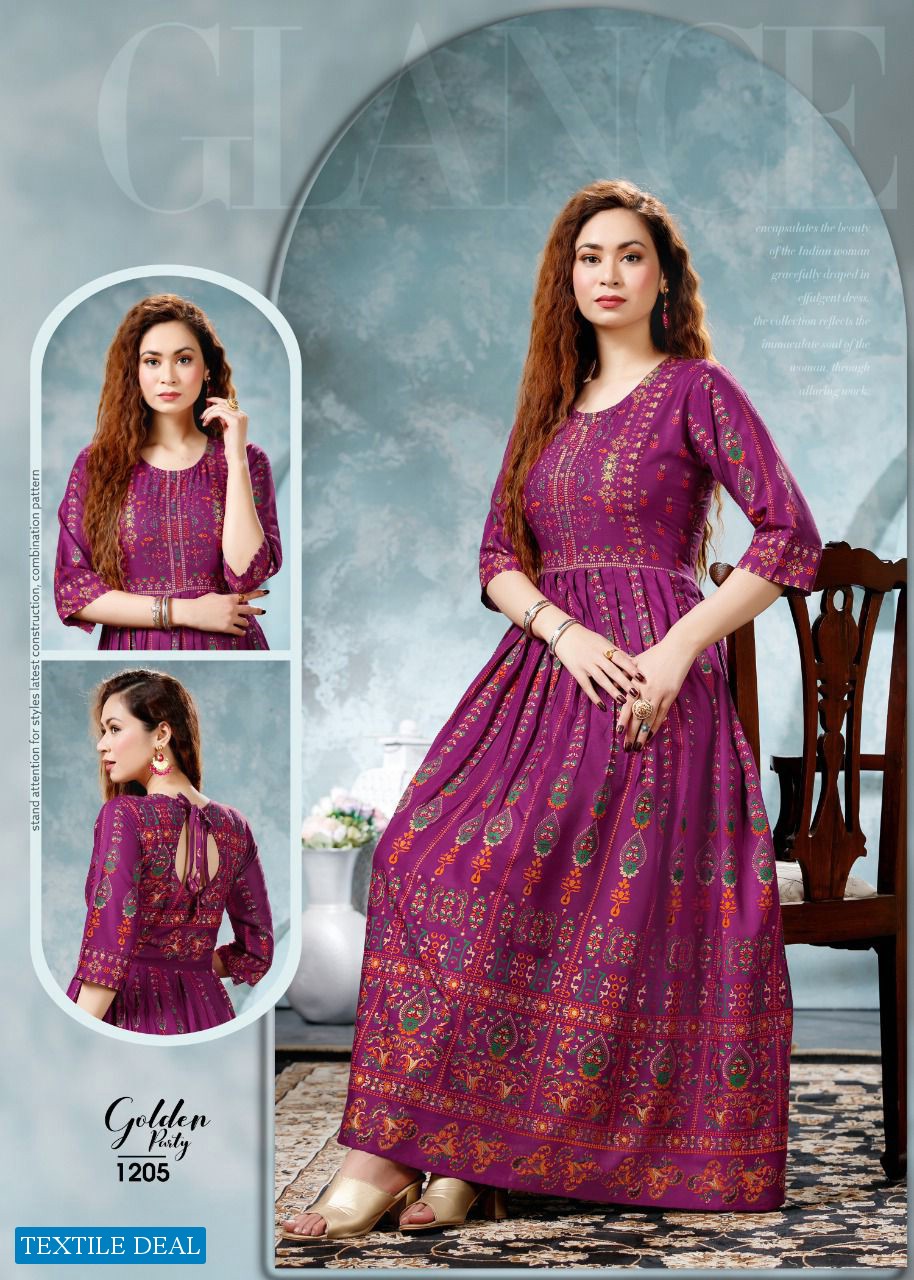 Golden Party Wholesale Designer Anarkali Long Kurtis