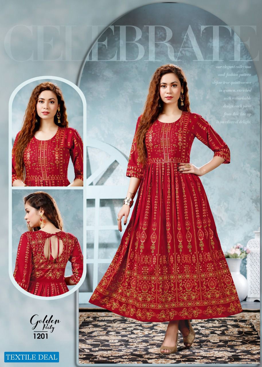 Golden Party Wholesale Designer Anarkali Long Kurtis