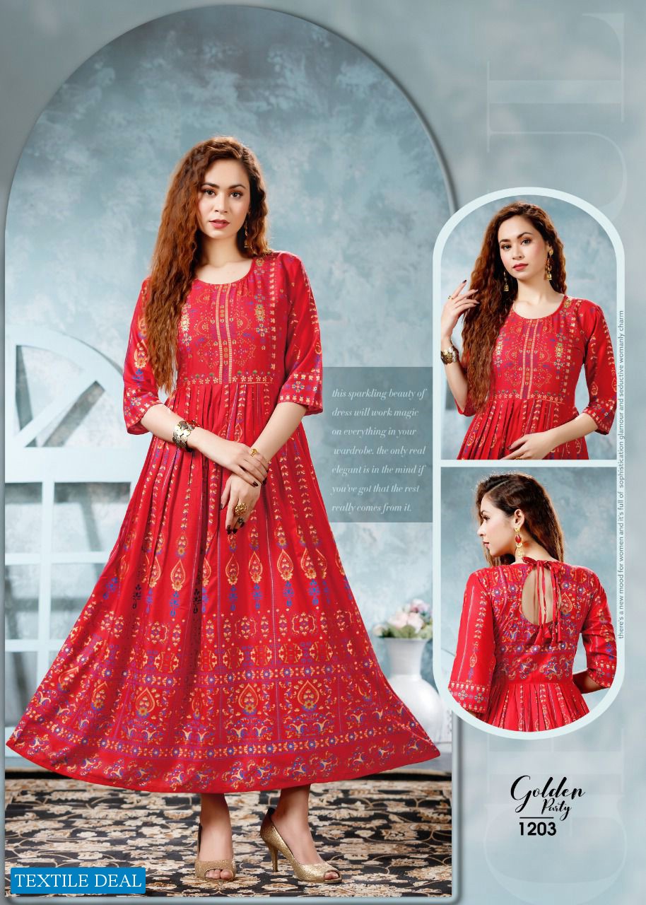 Golden Party Wholesale Designer Anarkali Long Kurtis