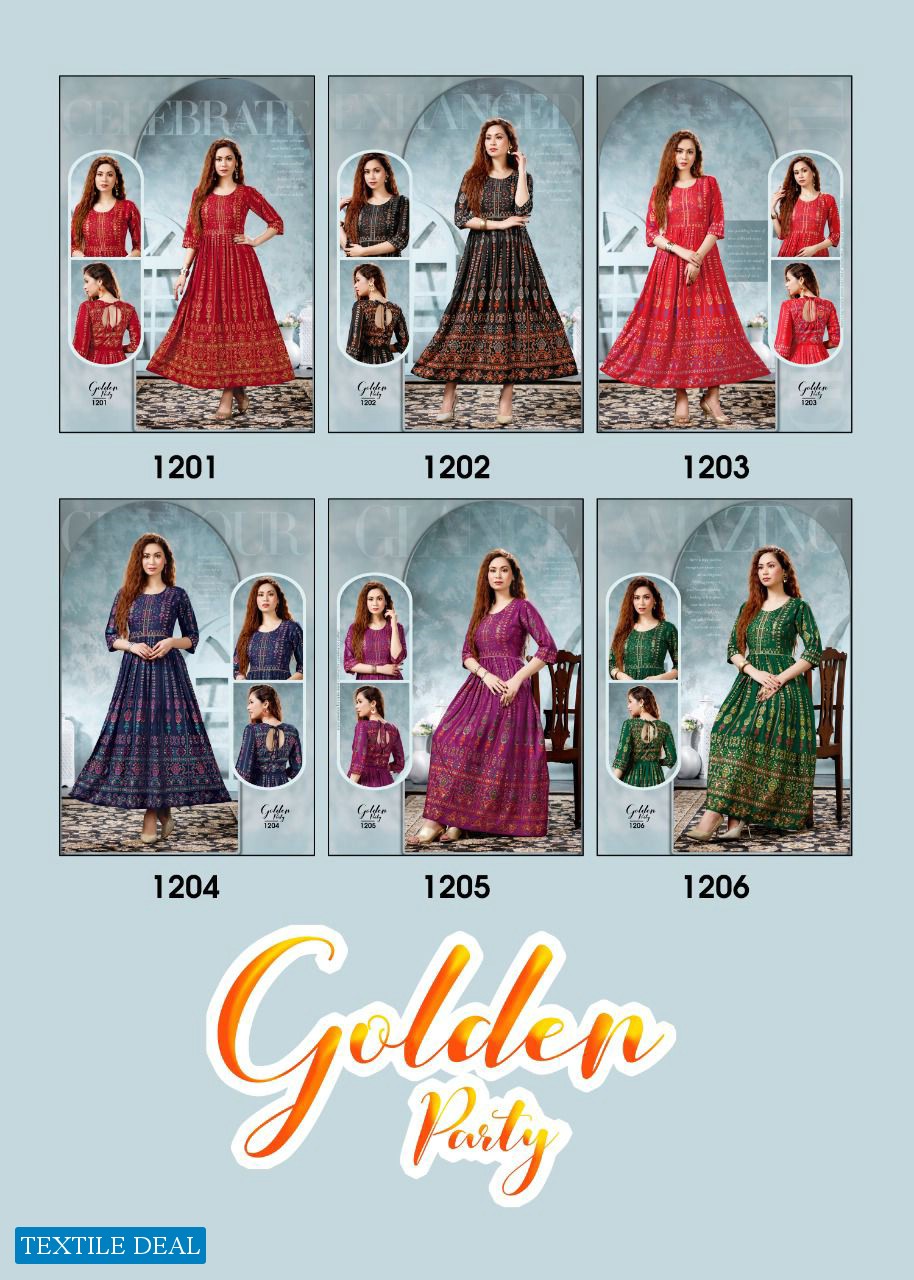 Golden Party Wholesale Designer Anarkali Long Kurtis