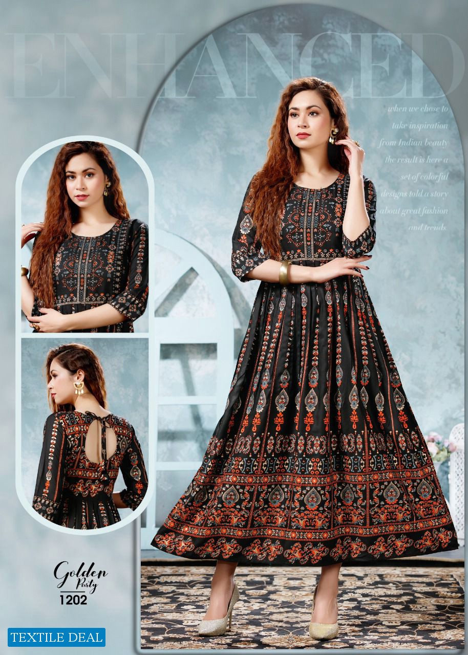 Golden Party Wholesale Designer Anarkali Long Kurtis